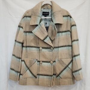 Ellen Tracy Women's Oversized Beige and Blue Plaid Pea Coat Size L
